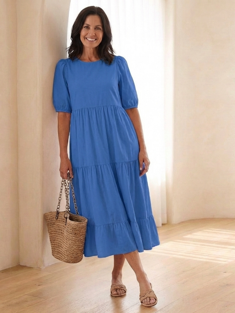 Brina | Robe midi à encolure ronde et manches bouffantes