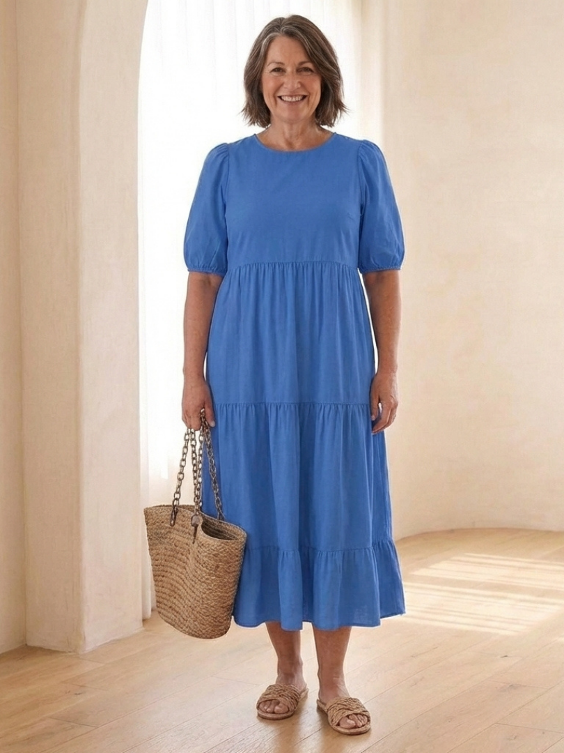 Brina | Robe midi à encolure ronde et manches bouffantes