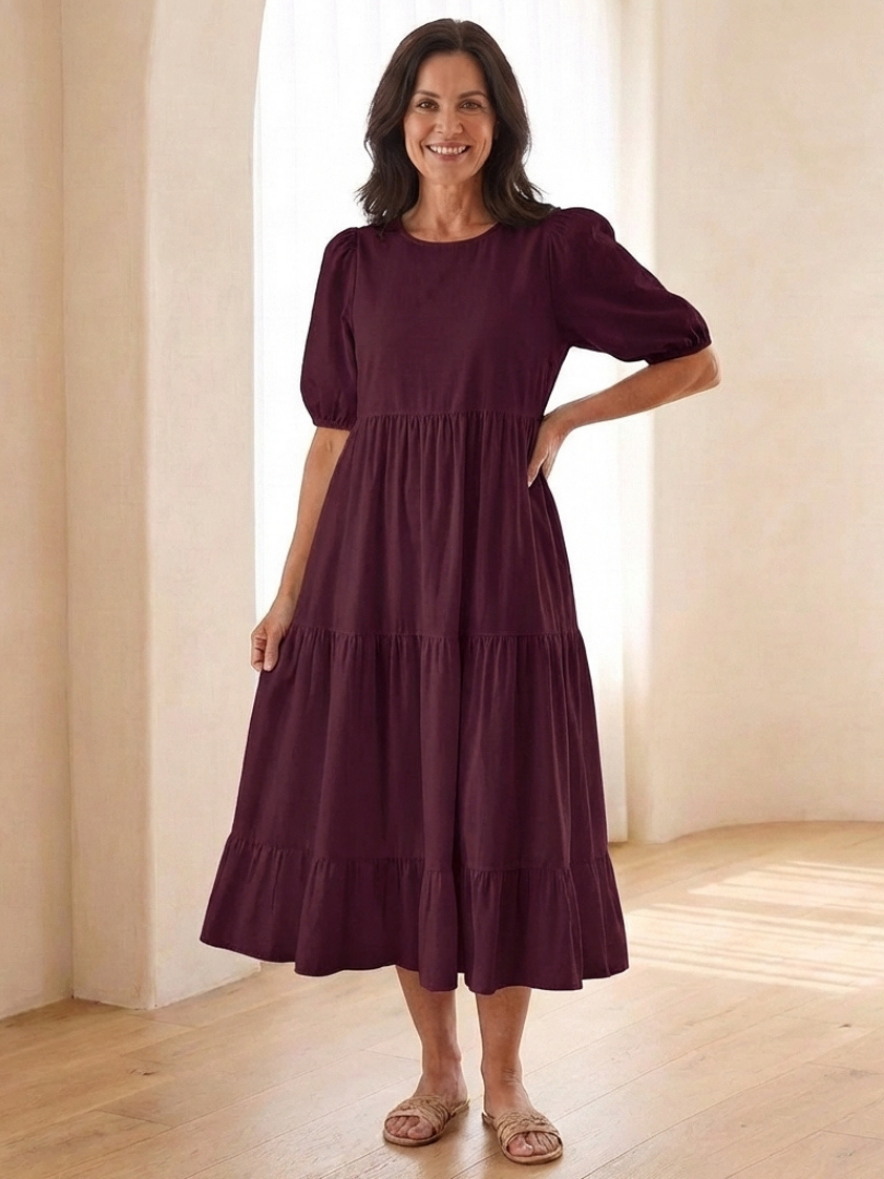 Brina | Robe midi à manches bouffantes et col rond