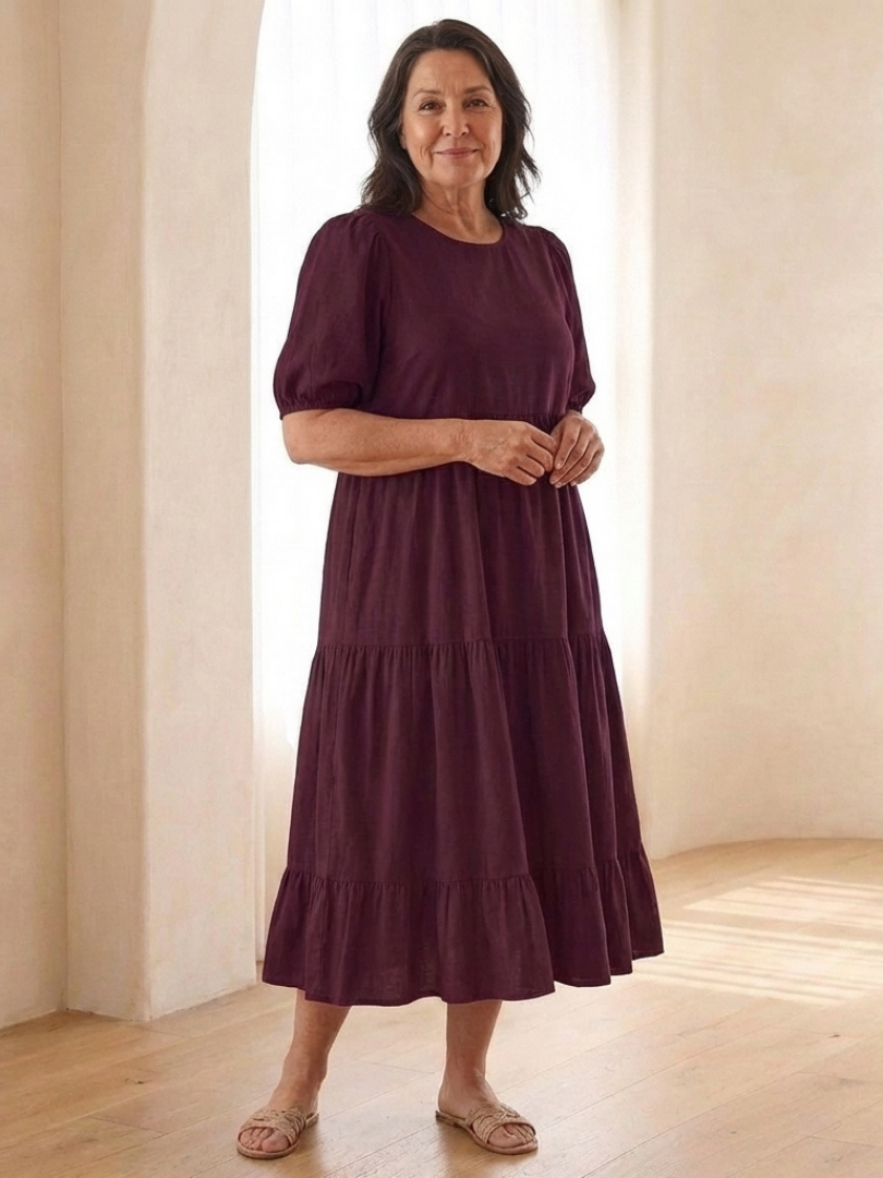 Brina | Robe midi à encolure ronde et manches bouffantes