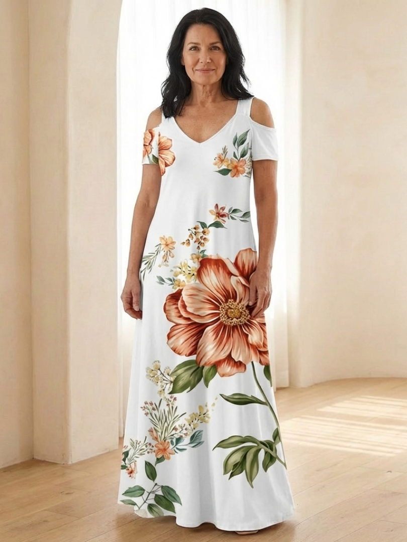 Calista | Robe maxi à col en V fleuri à manches courtes