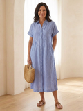 Linnea | Robe midi à manches courtes et bouton devant à rayures