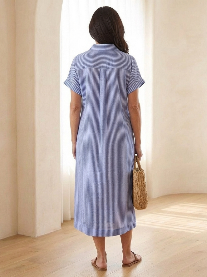 Linnea | Robe midi à manches courtes et bouton devant à rayures