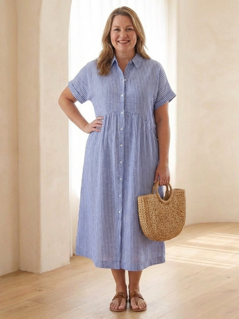 Linnea | Robe midi à manches courtes et bouton devant à rayures