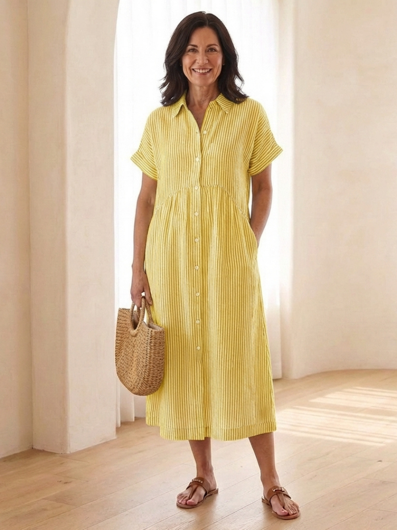 Linnea | Robe midi à manches courtes avec boutons et rayures