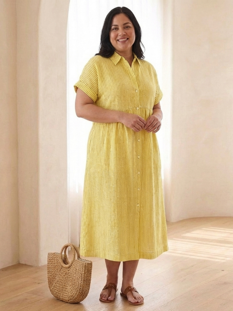 Linnea | Robe midi à manches courtes et bouton devant à rayures
