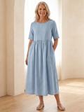 Maribel | Robe midi à col rond et manches courtes froncées