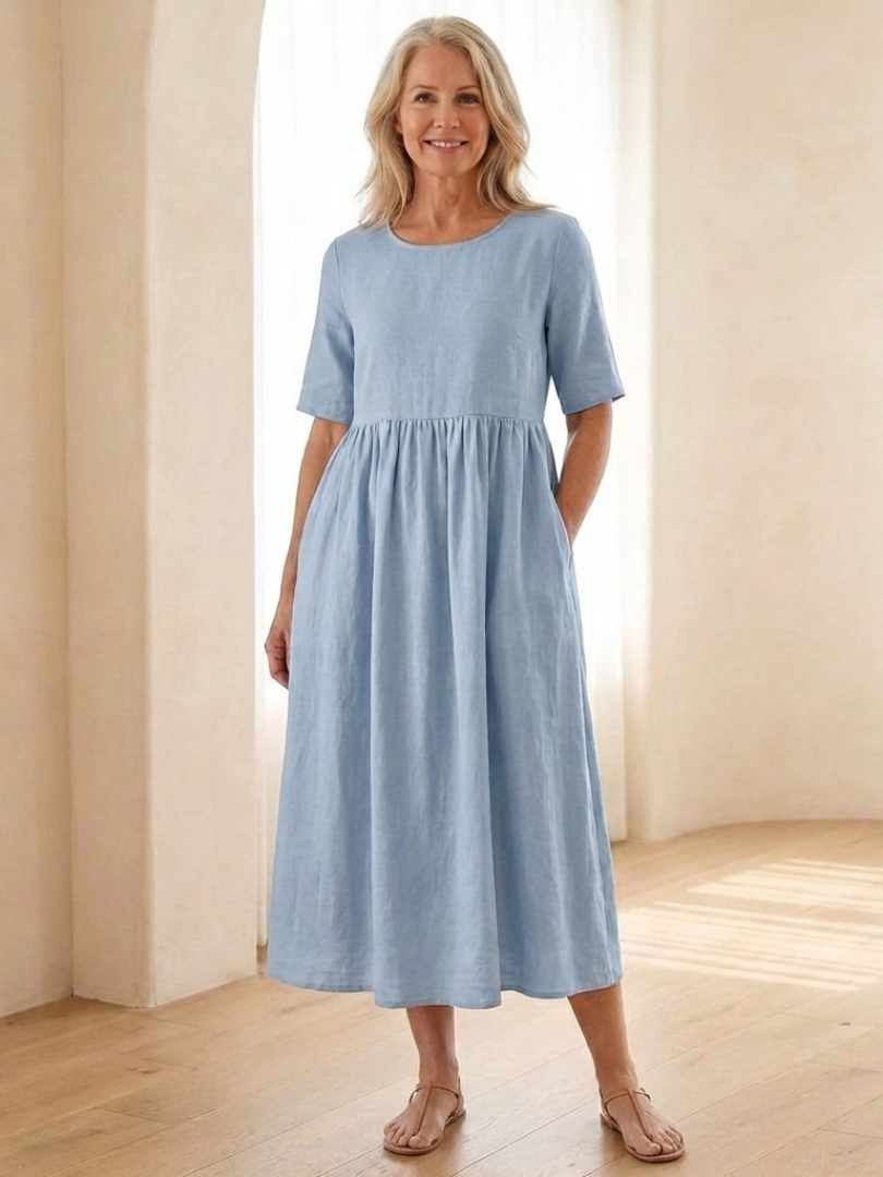 Maribel | Robe midi à col rond et manches courtes froncées