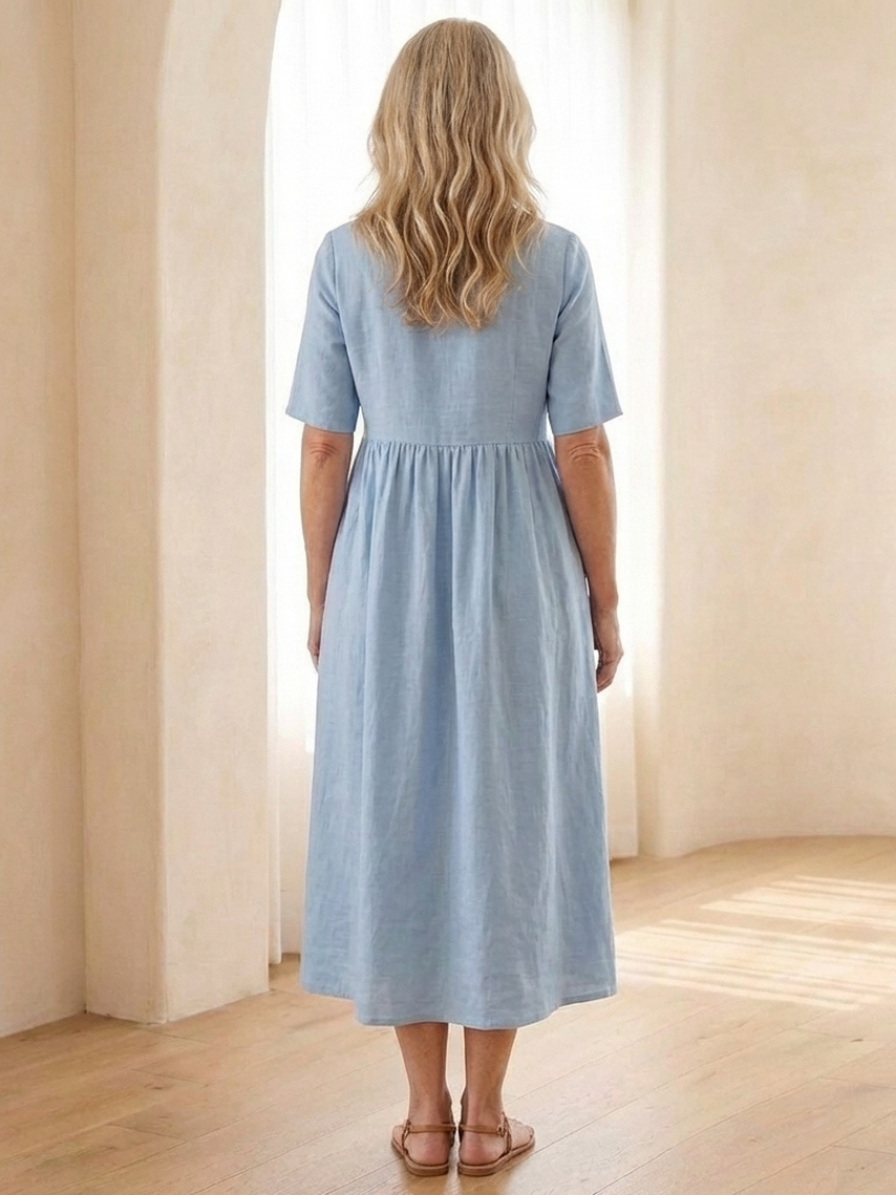 Maribel | Robe midi à col rond et manches courtes froncées