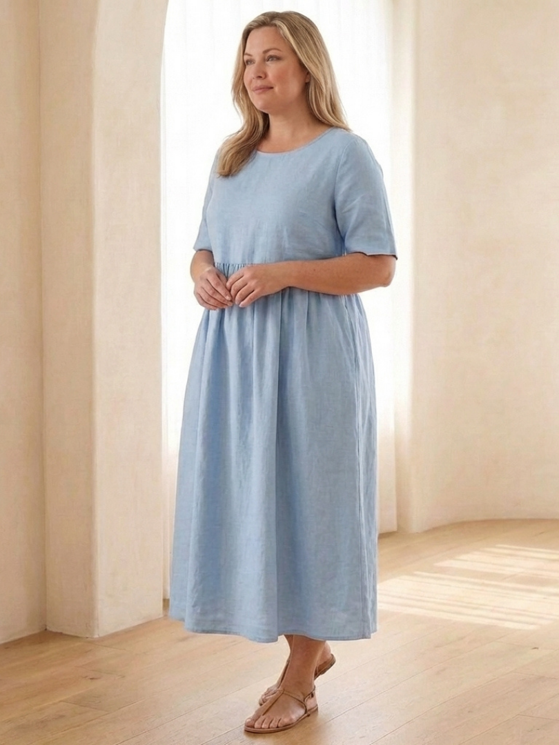 Maribel | Robe midi à col rond et manches courtes froncées