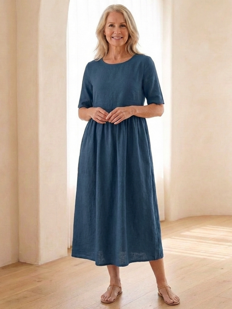 Maribel | Robe midi à col rond et manches courtes froncées