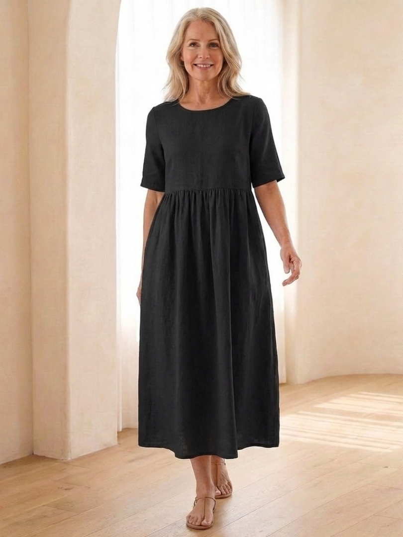 Maribel | Robe midi à col rond et manches courtes froncées