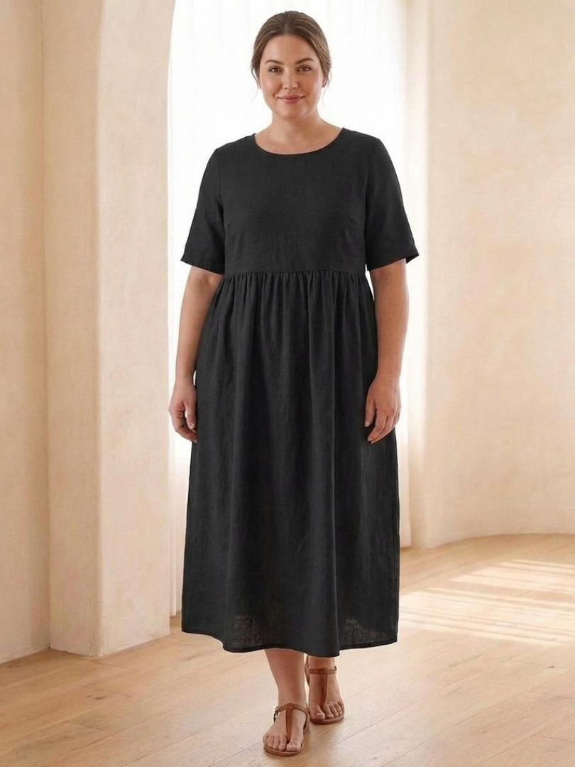Maribel | Robe midi à col rond et manches courtes froncées