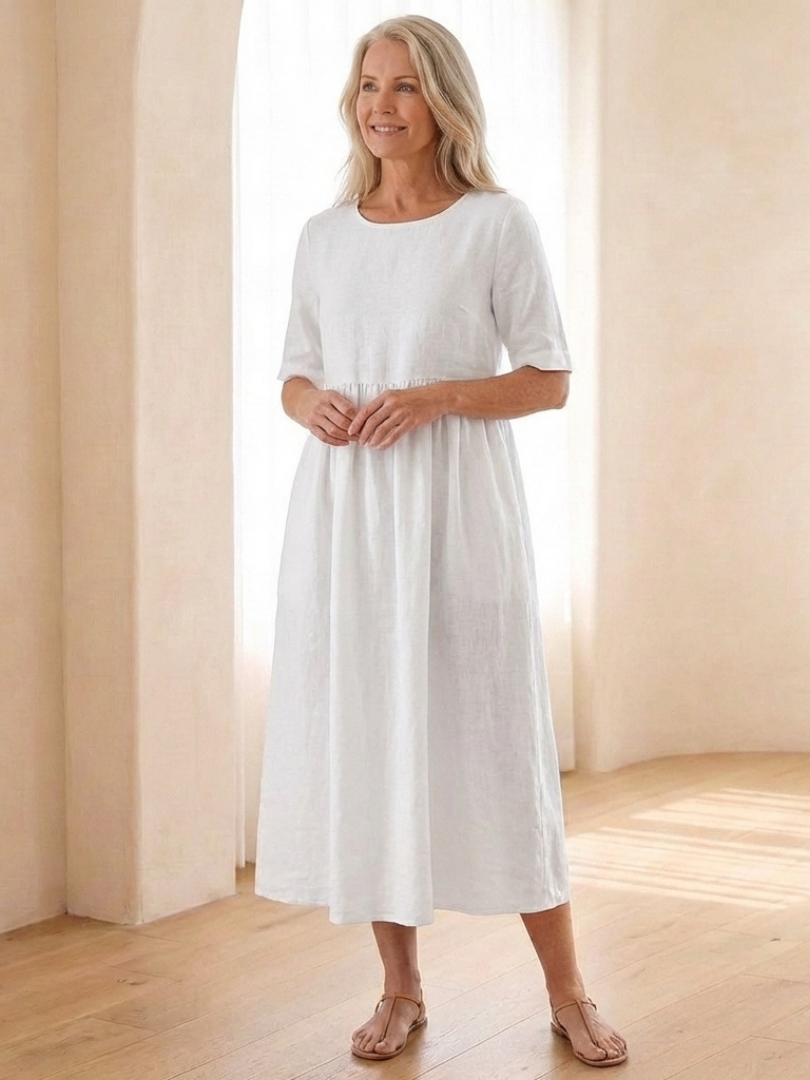 Maribel | Robe midi à col rond et manches courtes froncées