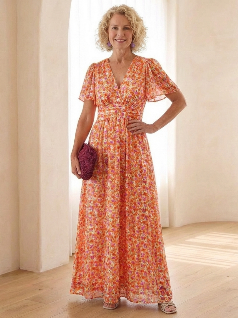Maris | Robe maxi à manches courtes et décolleté en V fleuri