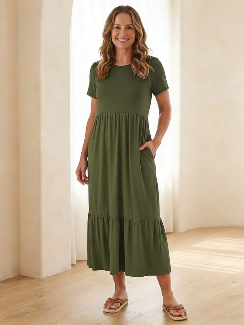 Nerissa | Robe midi à col rond et manches courtes à volants