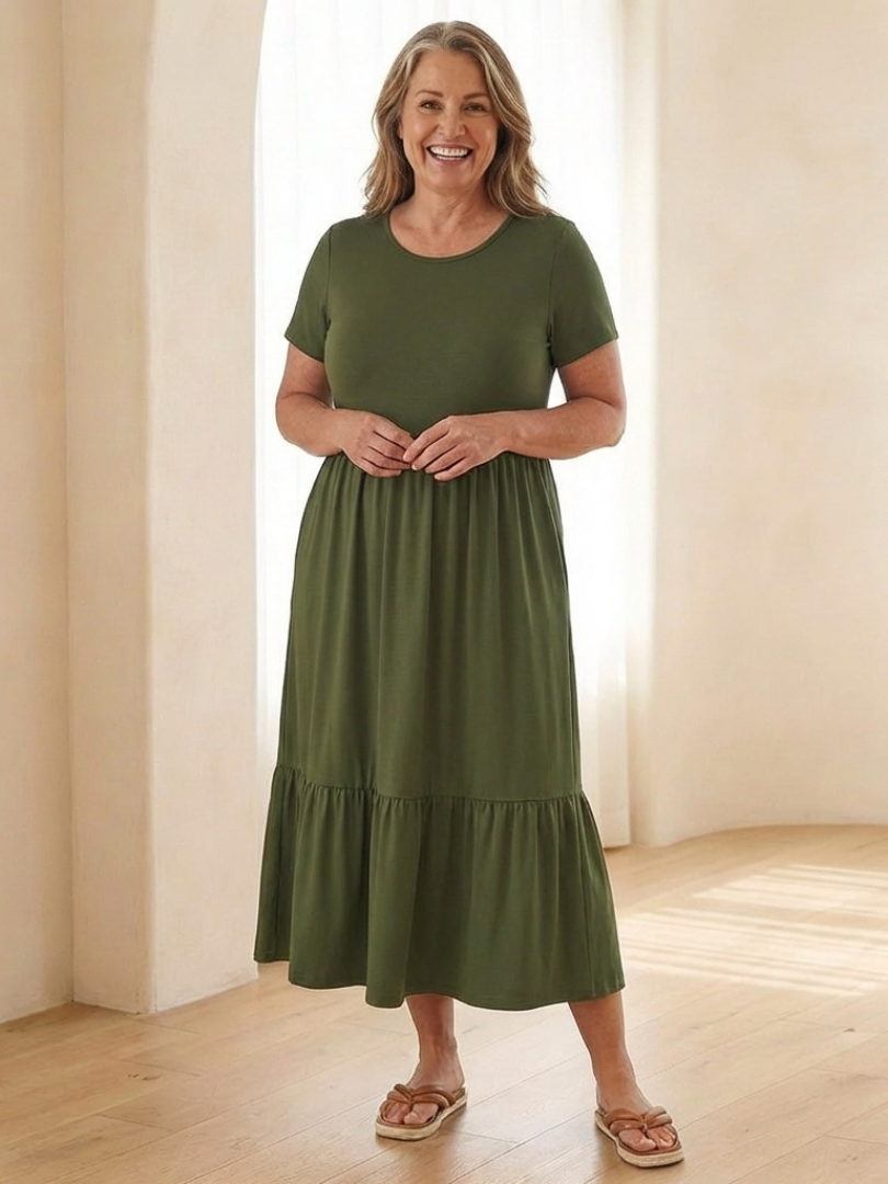 Nerissa | Robe Midi à Encolure Ronde et Manches Courtes