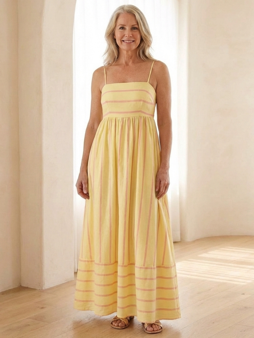 Oceane | Robe Maxi à Bretelles Spaghetti à Rayures avec Taille Froncée