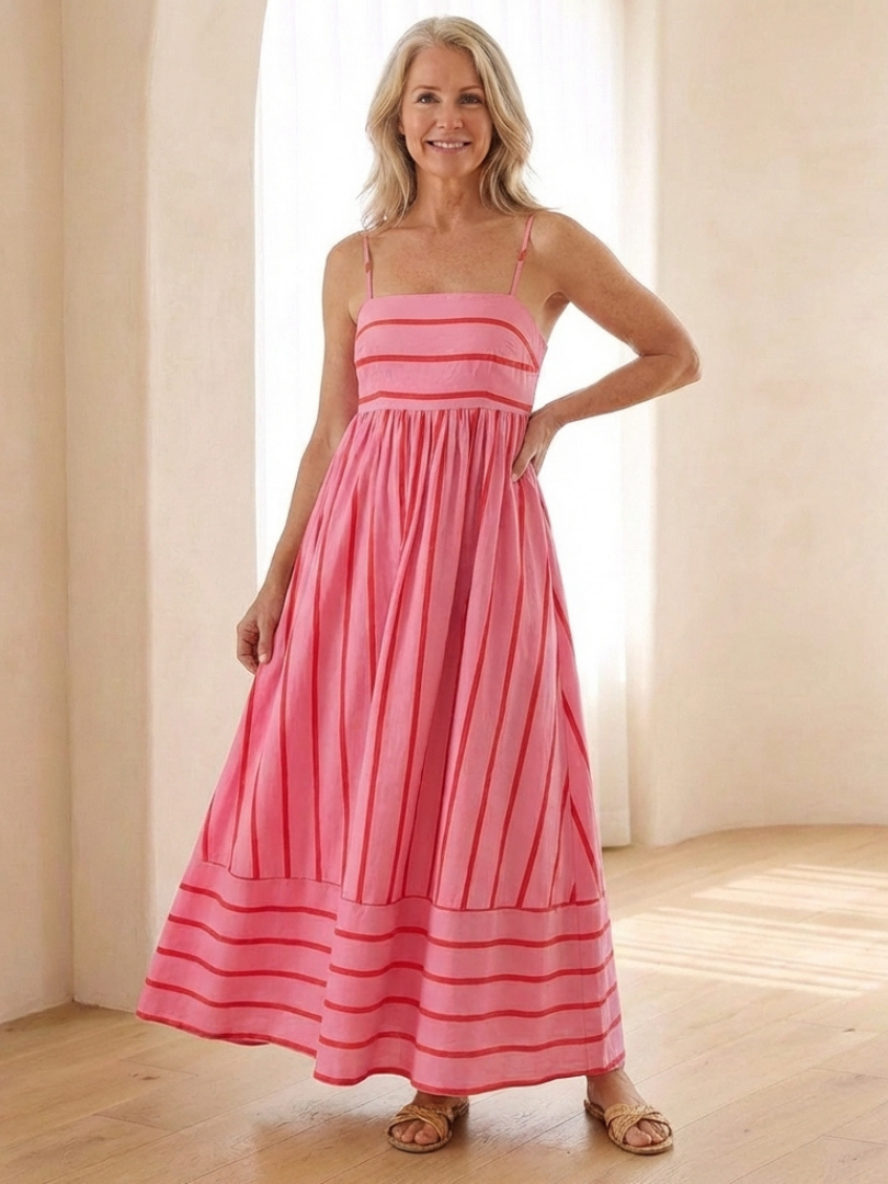 Oceane | Robe Maxi à Bretelles Spaghetti à Rayures avec Taille Froncée