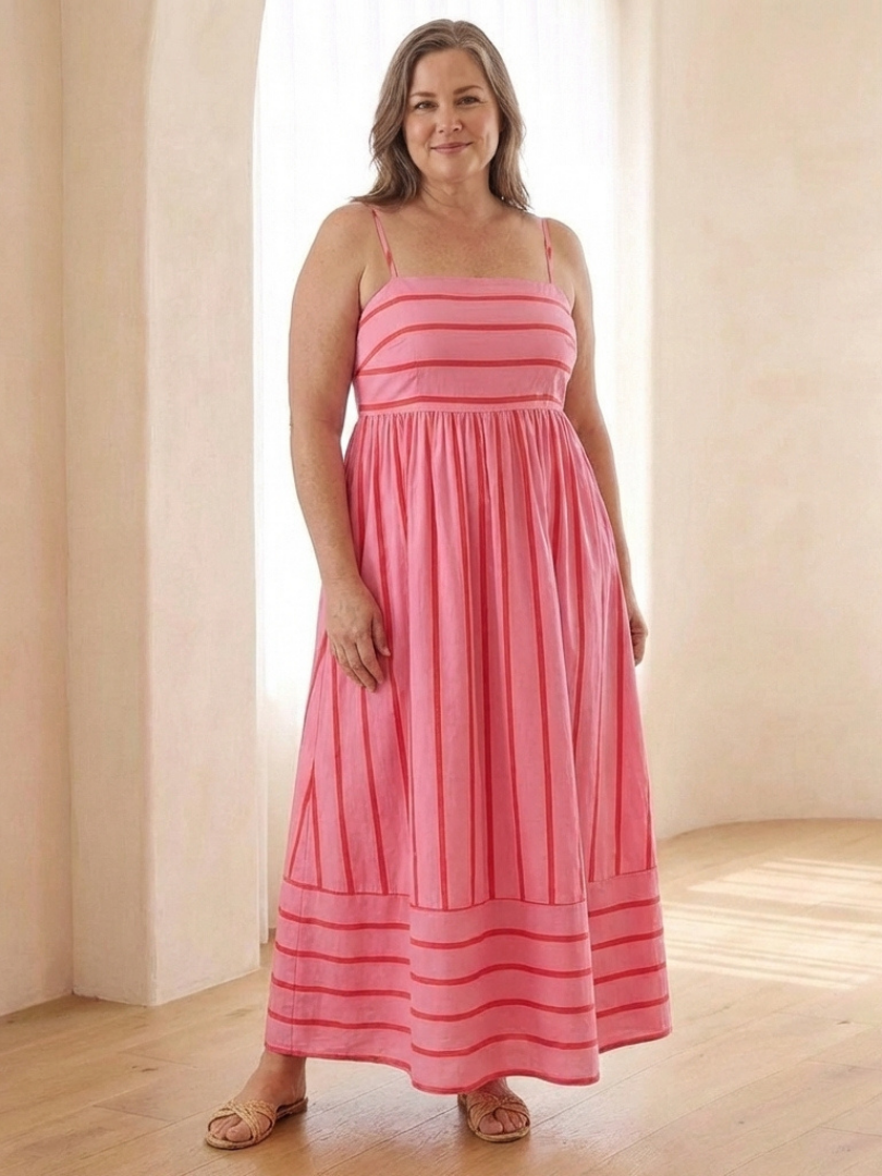 Oceane | Robe Maxi à Bretelles Spaghetti à Rayures avec Taille Froncée