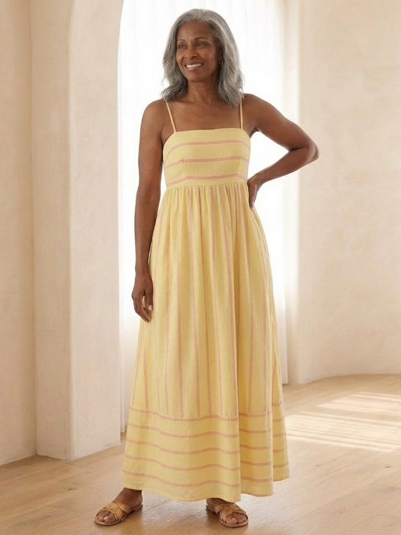 Oceane | Robe Maxi à Bretelles Spaghetti à Rayures avec Taille Froncée