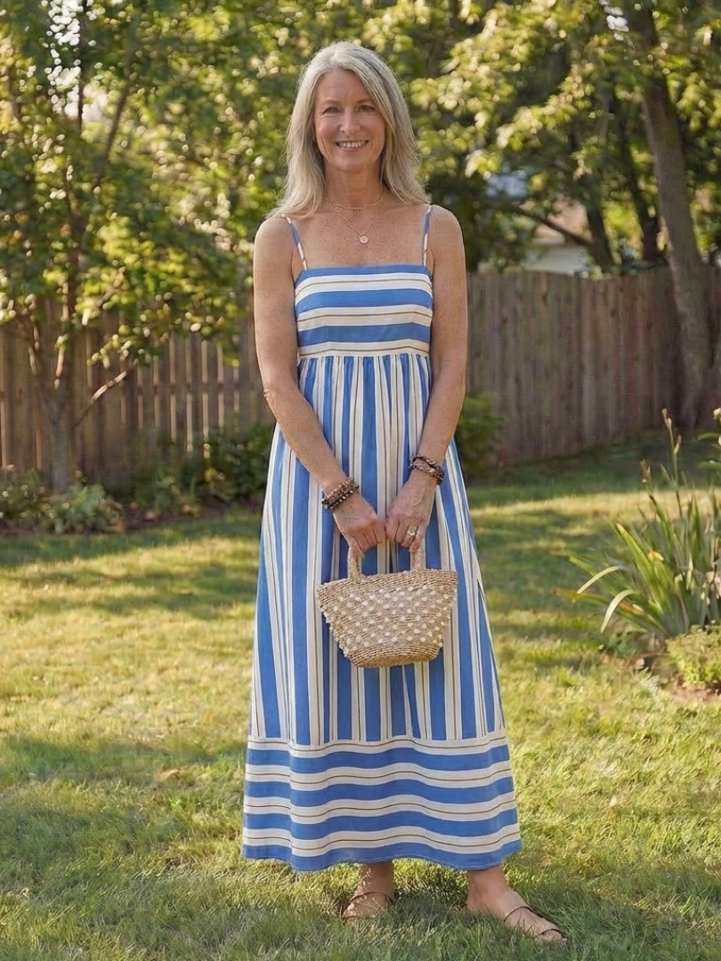 Oceane | Robe Maxi à Bretelles Spaghetti à Rayures avec Taille Froncée