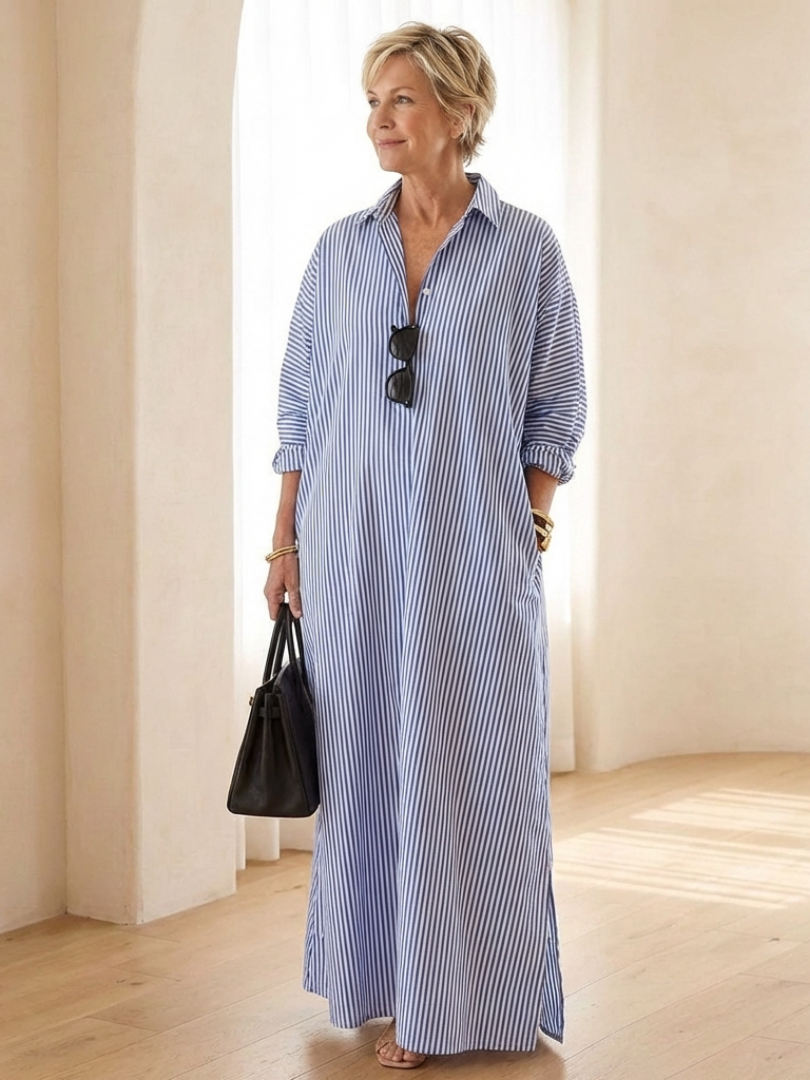 Serina | Robe maxi à manches longues à col rayé