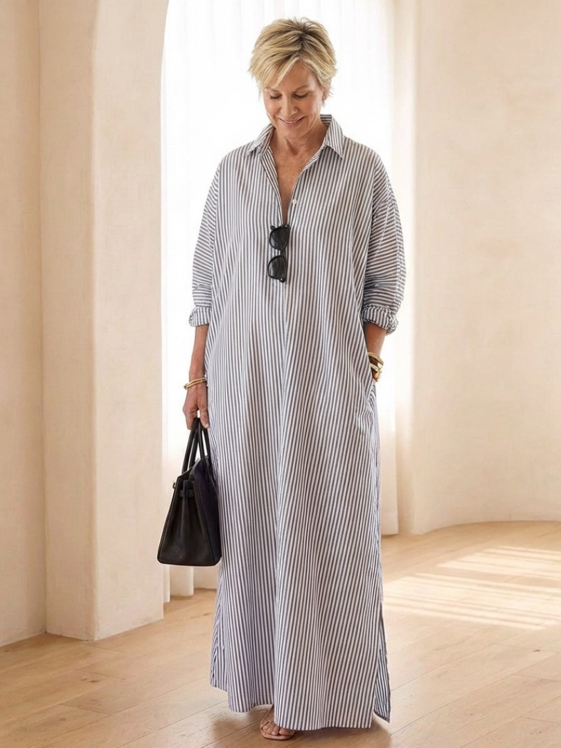 Serina | Robe maxi à manches longues à col rayé