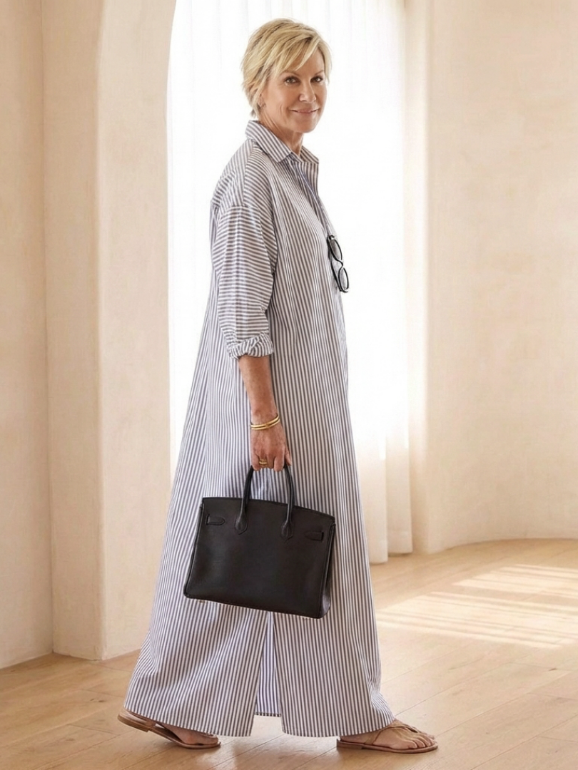 Serina | Robe maxi à manches longues à col rayé