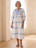 Solene | Robe midi à manches longues en V brodée