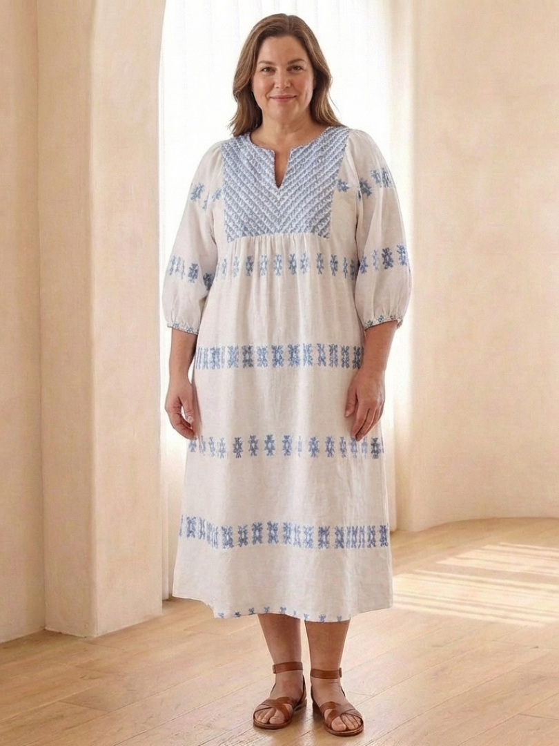 Solene | Robe midi à manches longues en V brodée