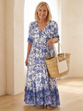 Tamsin | Robe Midi à Manches Trois Quarts avec Décolleté en V Floral
