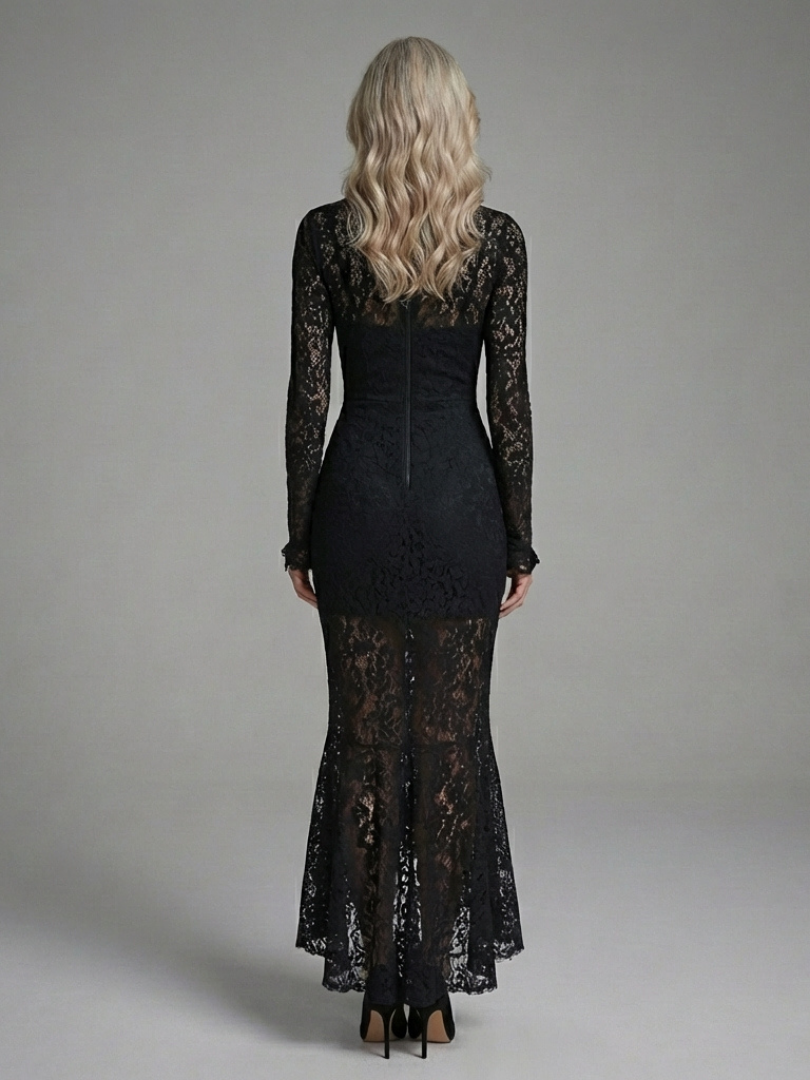 Margaret | Robe midi en dentelle à manches longues et col haut