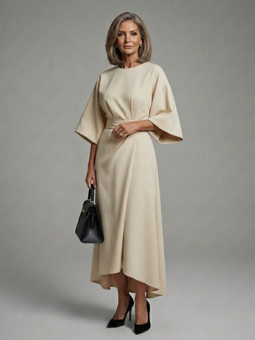 Sereia | Robe midi asymétrique à manches cape et taille marquée
