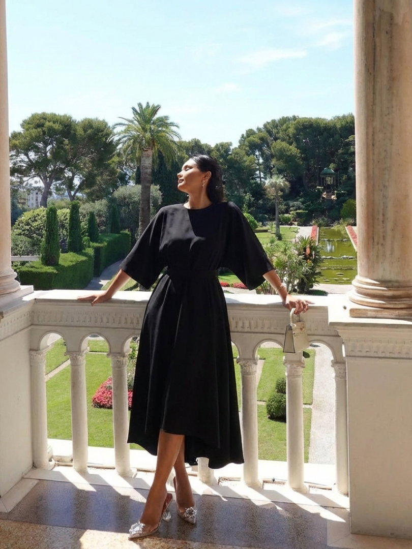 Sereia | Robe midi asymétrique à manches cape et taille marquée