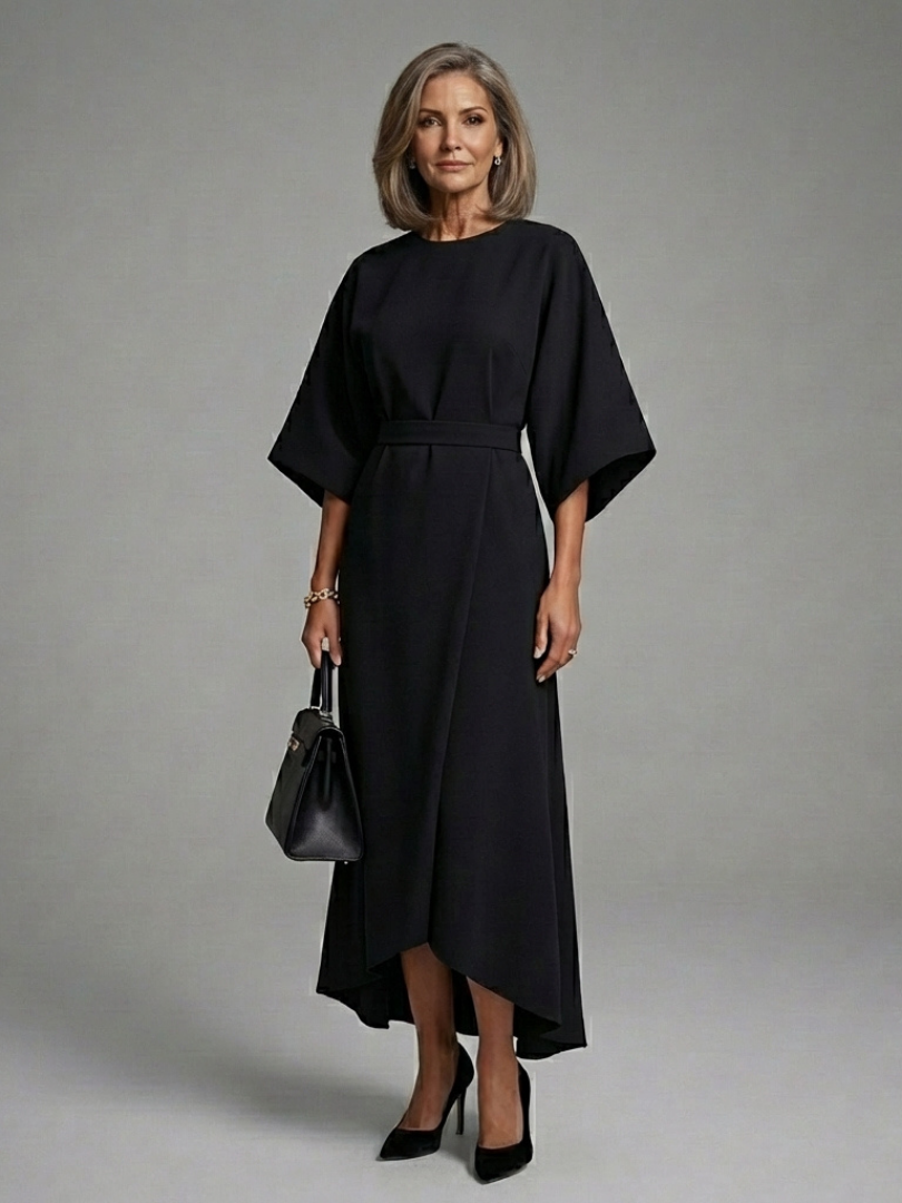 Sereia | Robe midi asymétrique à manches cape et taille marquée