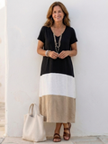 Thalia | Robe midi à manches courtes et décolleté en V en color block