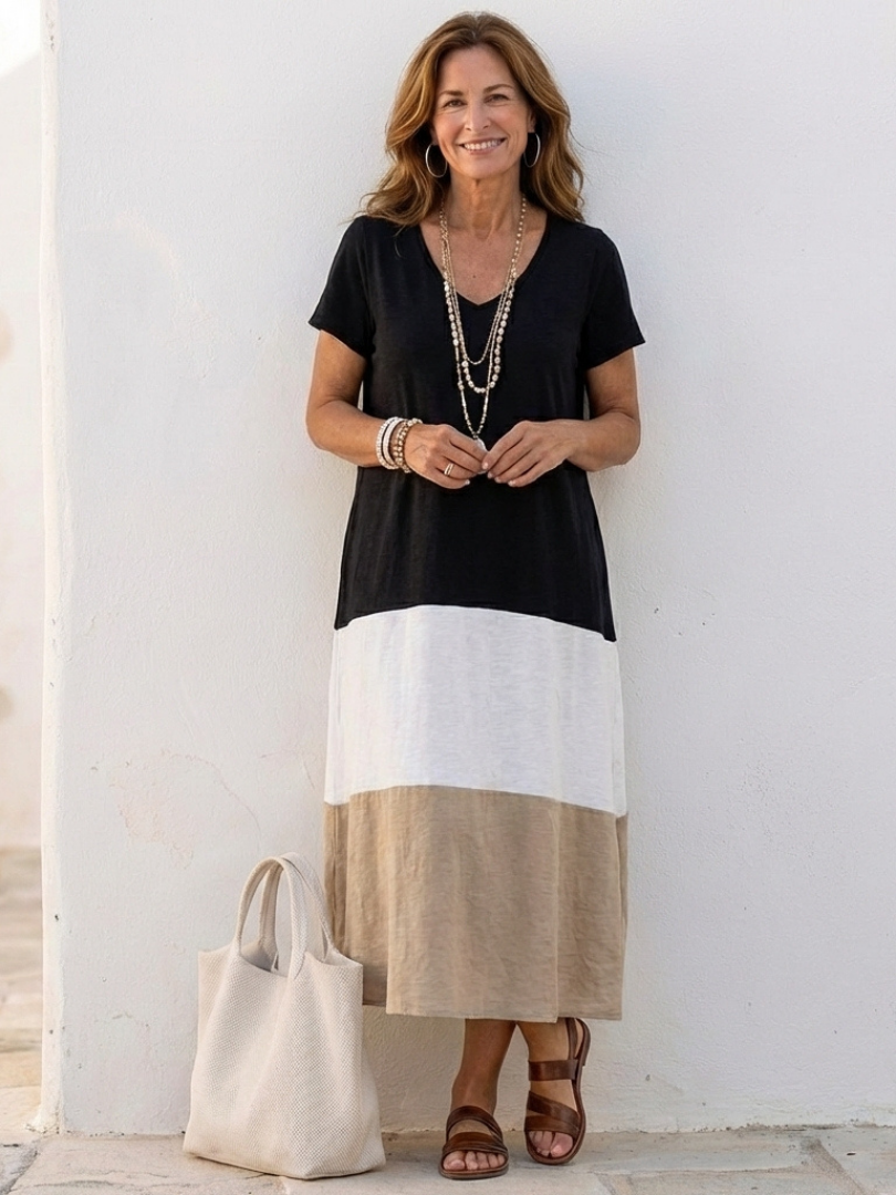 Thalia | Robe midi à manches courtes et décolleté en V en color block