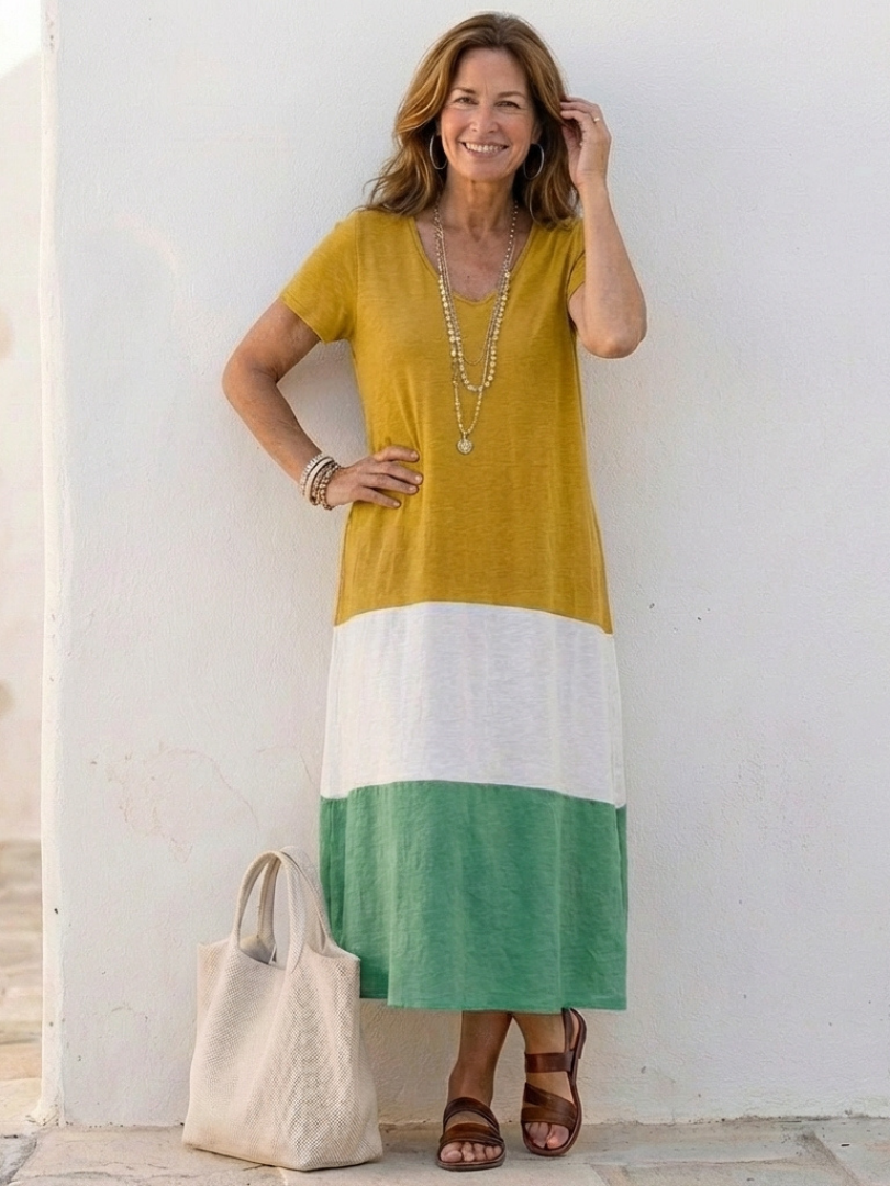 Thalia | Robe midi à manches courtes et décolleté en V en color block