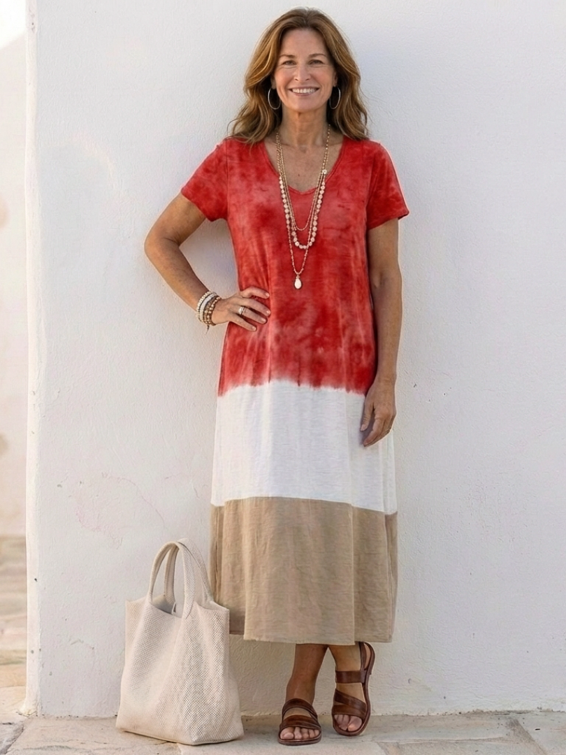 Thalia | Robe midi à manches courtes et décolleté en V en color block