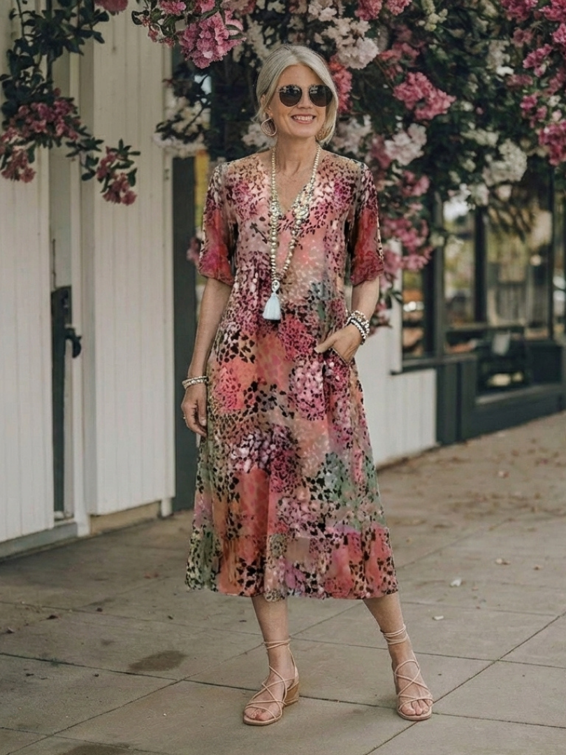 Althea | Robe midi imprimée à manches courtes et décolleté en V