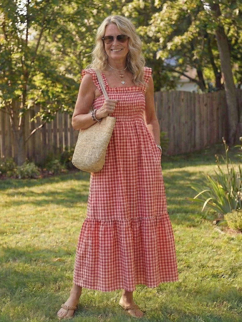 Isolde | Robe Maxi à Manches Volantes Smockées en Vichy