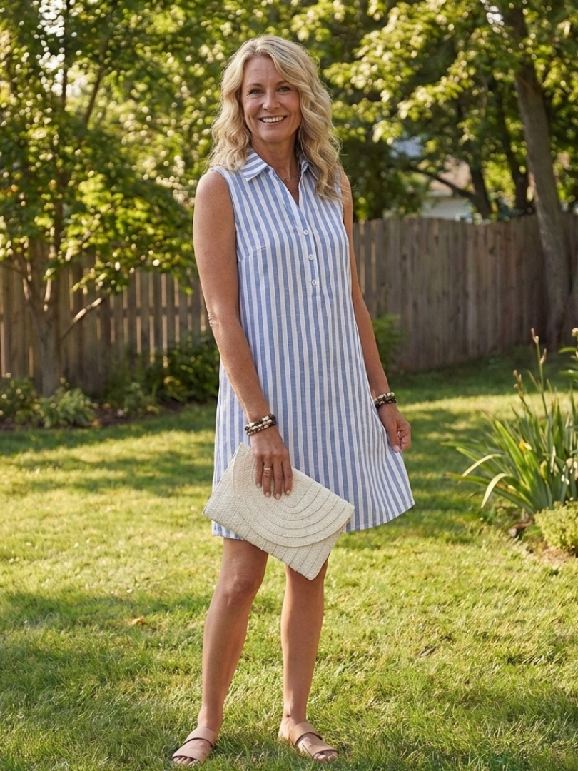 Marielle | Robe chemise sans manches à rayures avec boutons devant