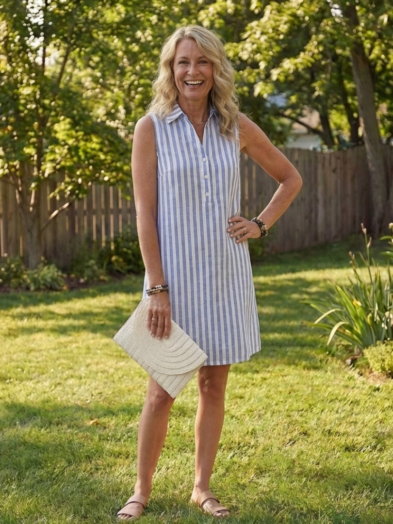 Marielle | Robe chemise sans manches à rayures avec boutons devant
