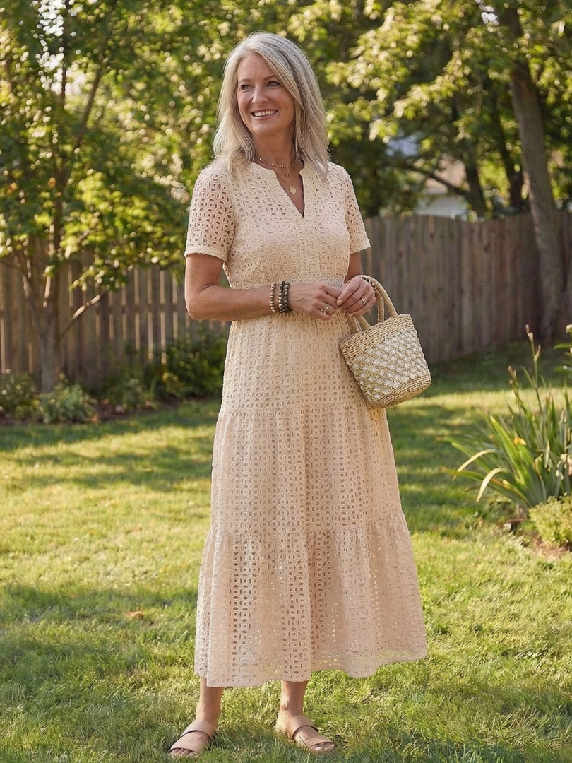 Odelisse | Robe midi à manches courtes avec empiècements en dentelle
