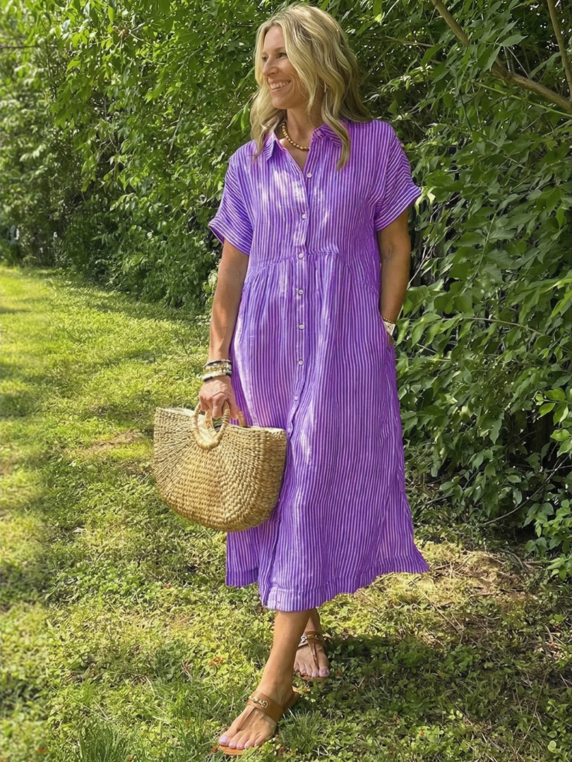 Olivienne | Robe midi rayée à manches courtes et boutonnage devant