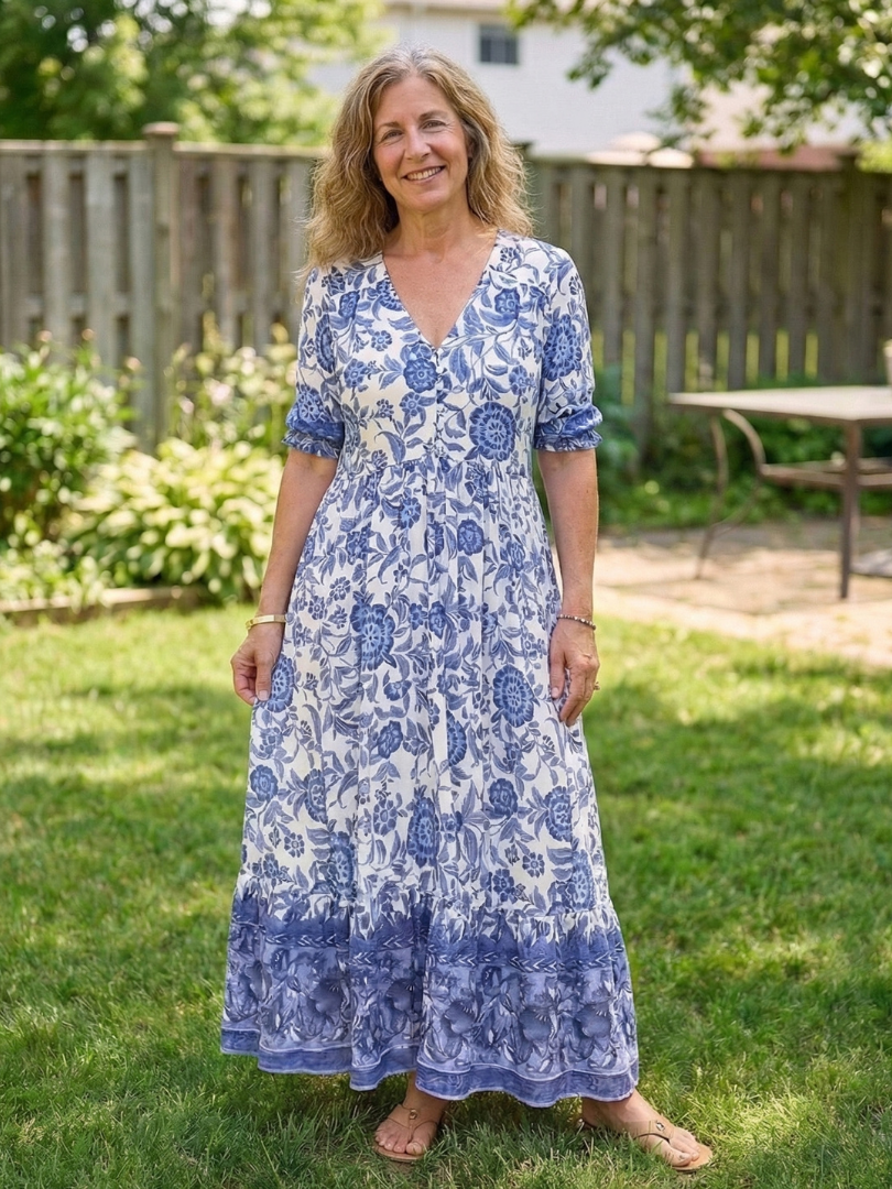 Calandra | Robe midi à manches courtes et décolleté en V à fleurs