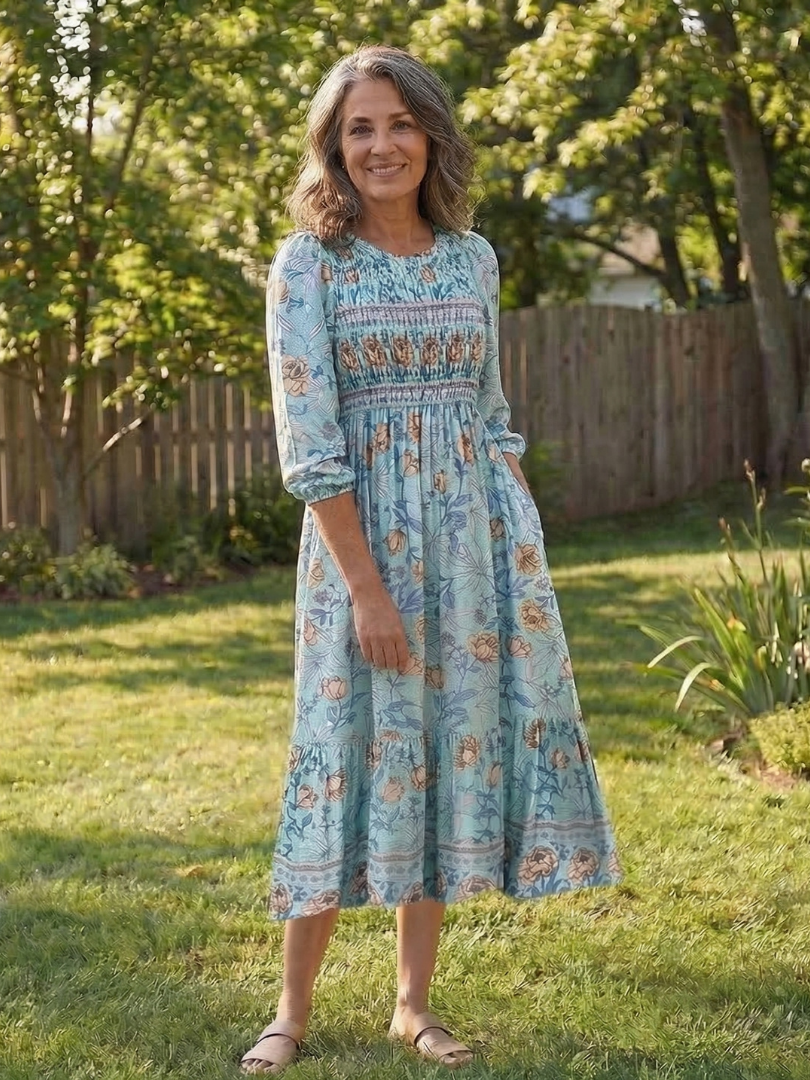 Mariselle | Robe Midi Florale à Manches Mi-Longues