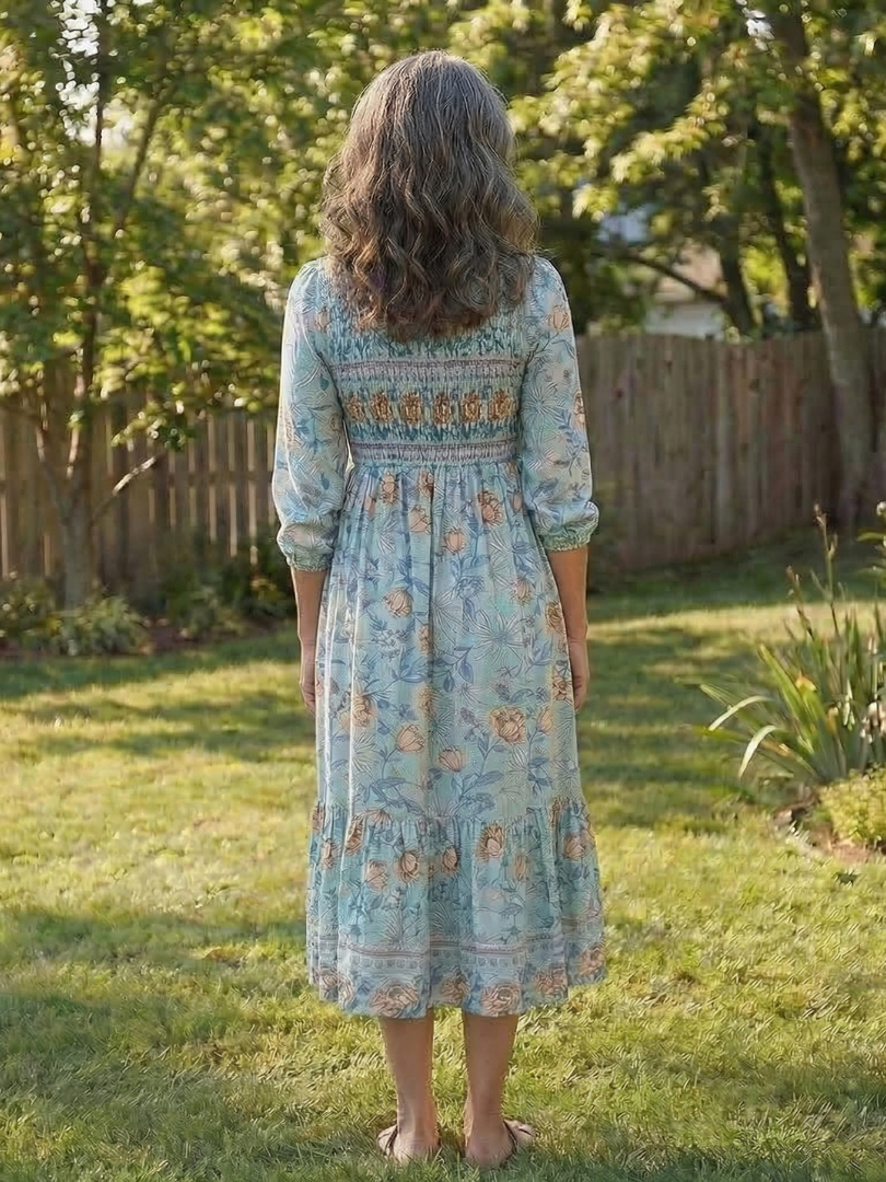 Mariselle | Robe Midi Florale à Manches Mi-Longues
