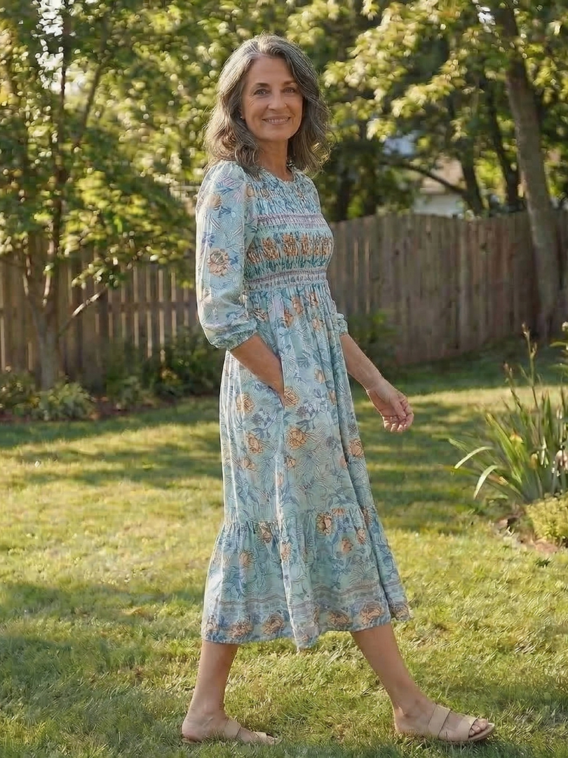 Mariselle | Robe Midi Florale à Manches Mi-Longues